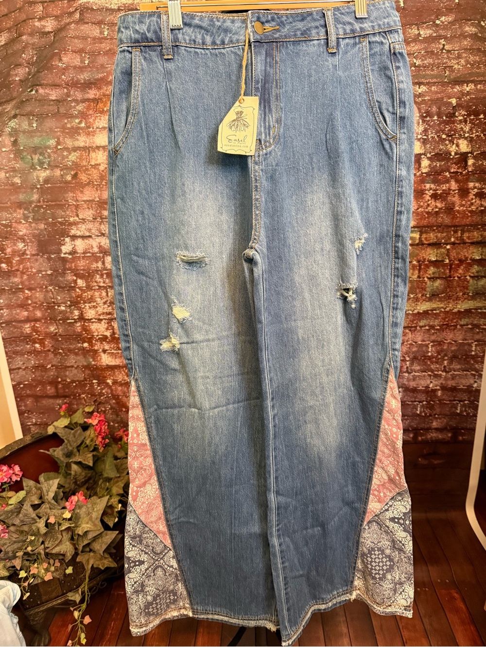 easel Medium Blue Distressed Wide-Leg Jeans with Pink & Navy Bandana Panels